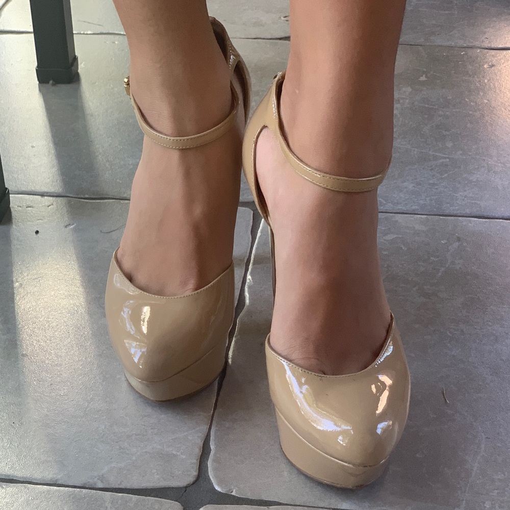 Nude patent leather platform Mary Jane pumps